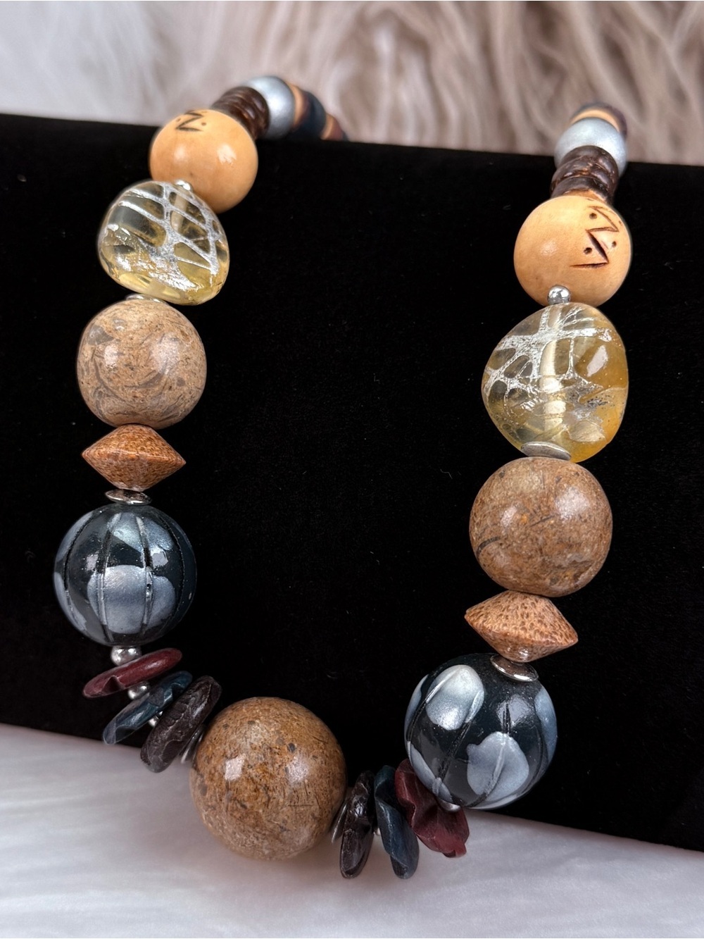 Vintage Mixed Bead Statement Necklace Wood Glass Resin Artisan Boho